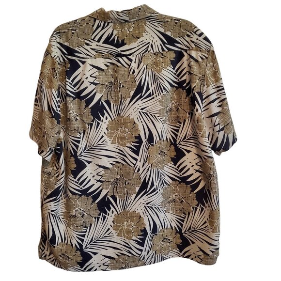 Caribbean Pure Silk Hawaiian Coastal Navy and Tan Wood Button Up Shirt XL - Picture 2 of 15